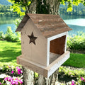 Rustic white wooden birdfeeder with a tin roof and star on both ends. Tray for easy feeding.