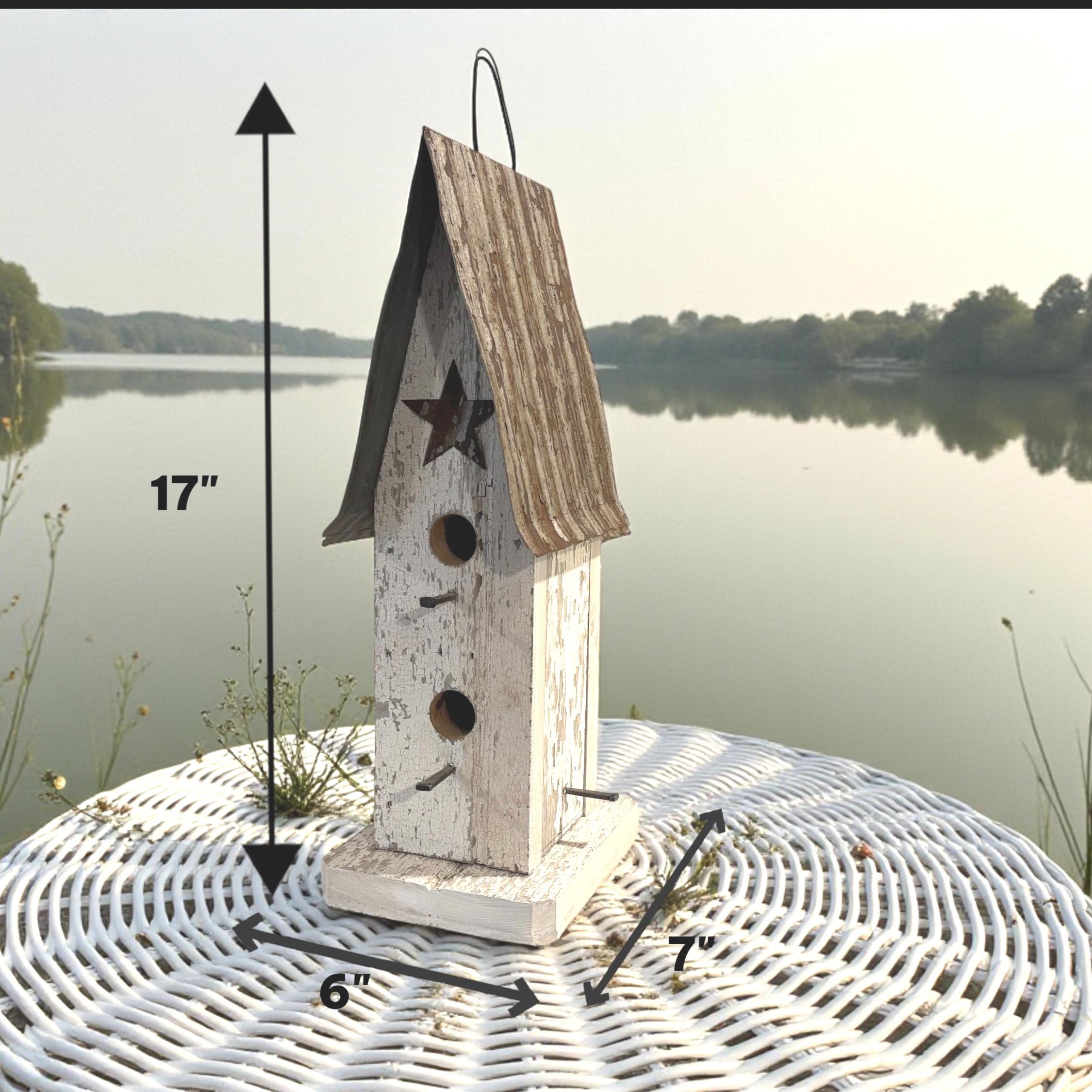 Wooden birdhouse with measurements against a natural background