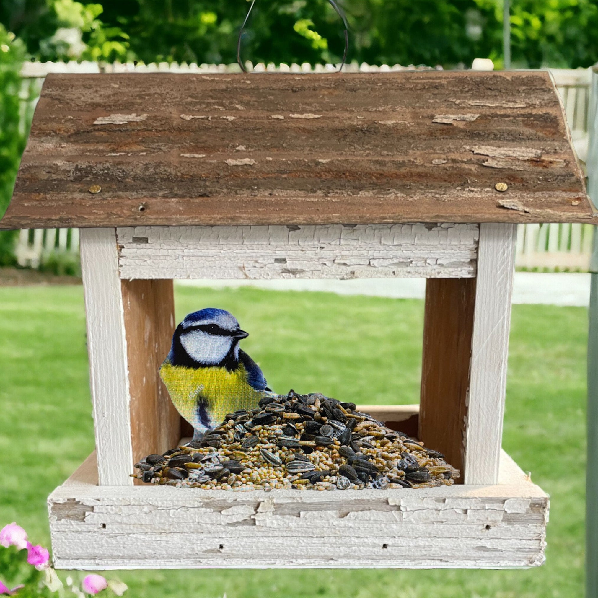 Rustic white wooden birdfeeder with a tin roof and star on both ends. Tray for easy feeding.