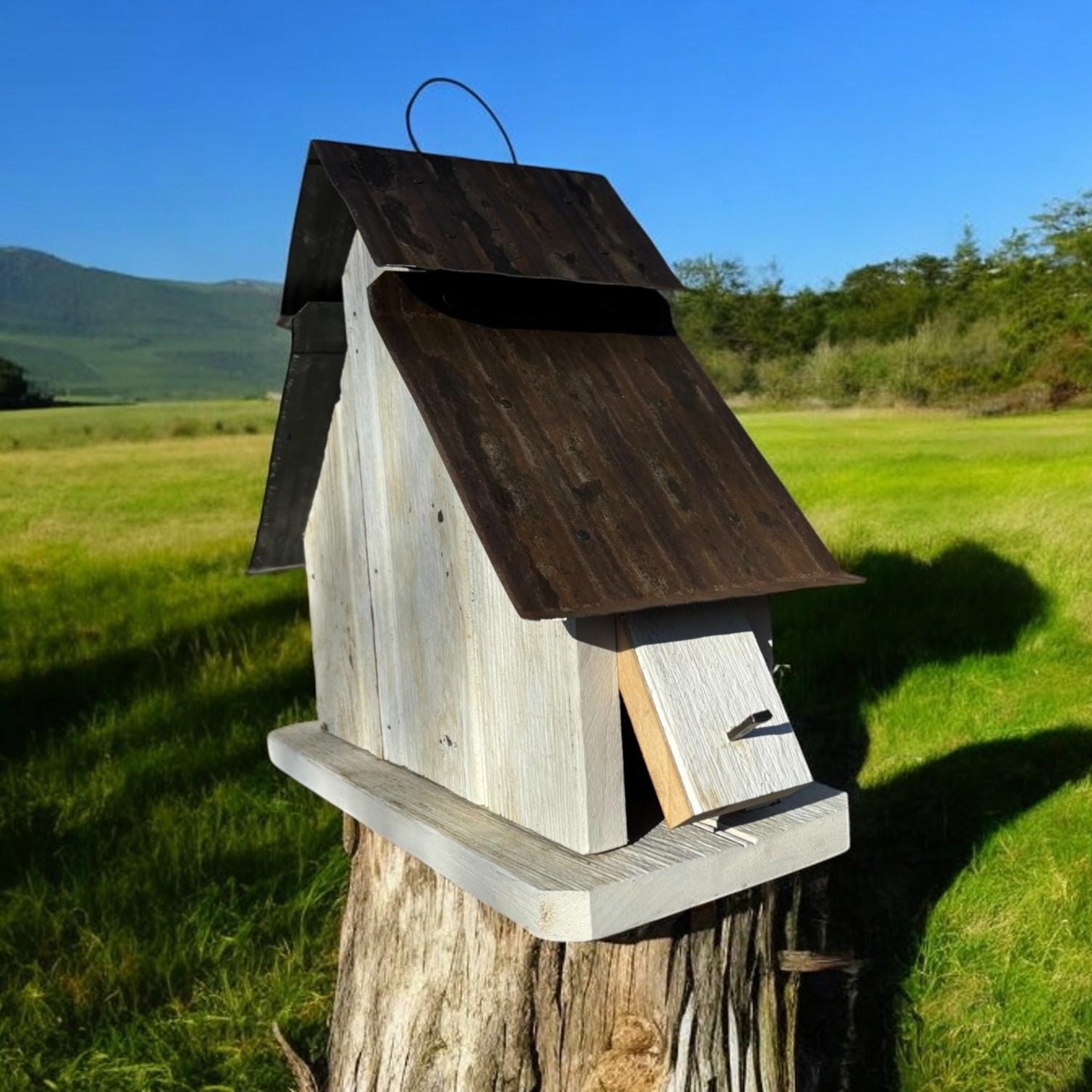 Wooden birdhouse on a post with a scenic background of green fields and mountains.