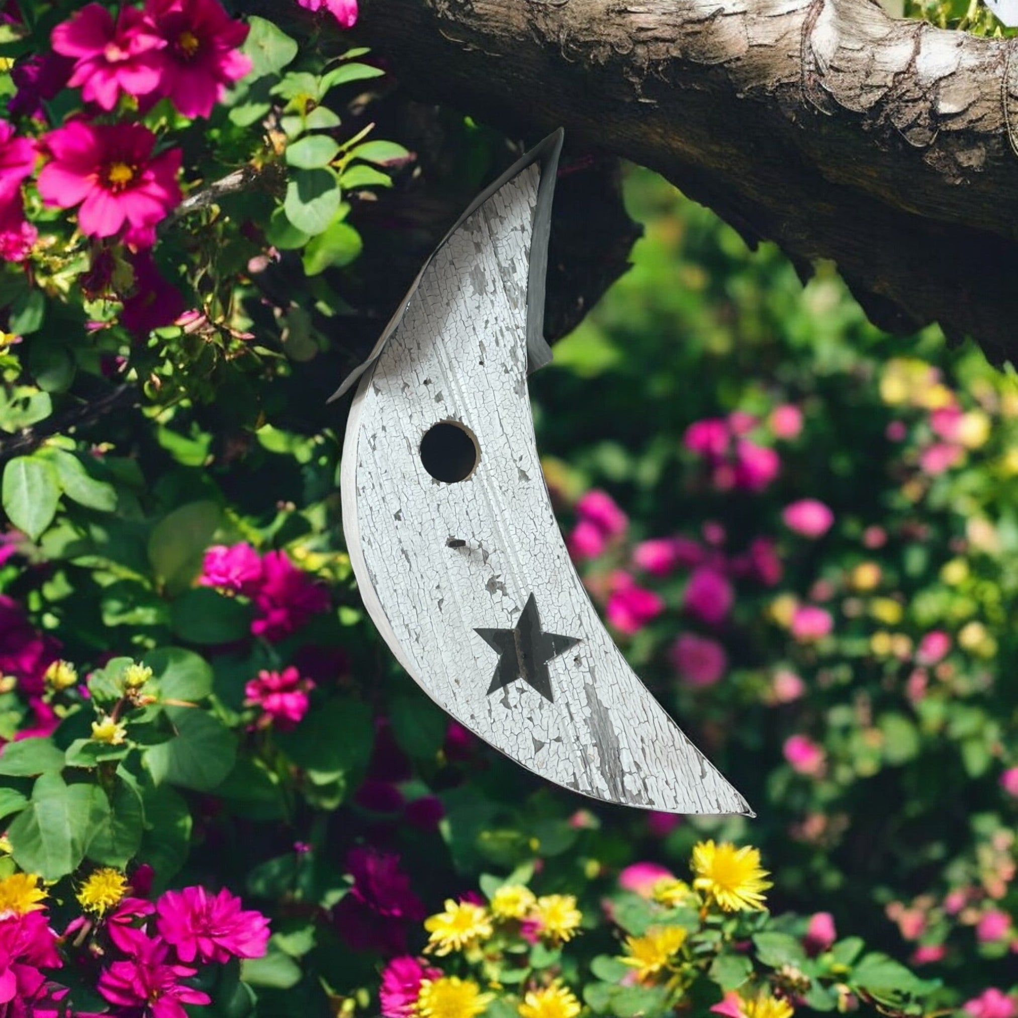Rustic Crescent Moon Birdhouse | Handmade Reclaimed Barn Wood & Tin Birdhouse | Primitive Farmhouse Garden Décor