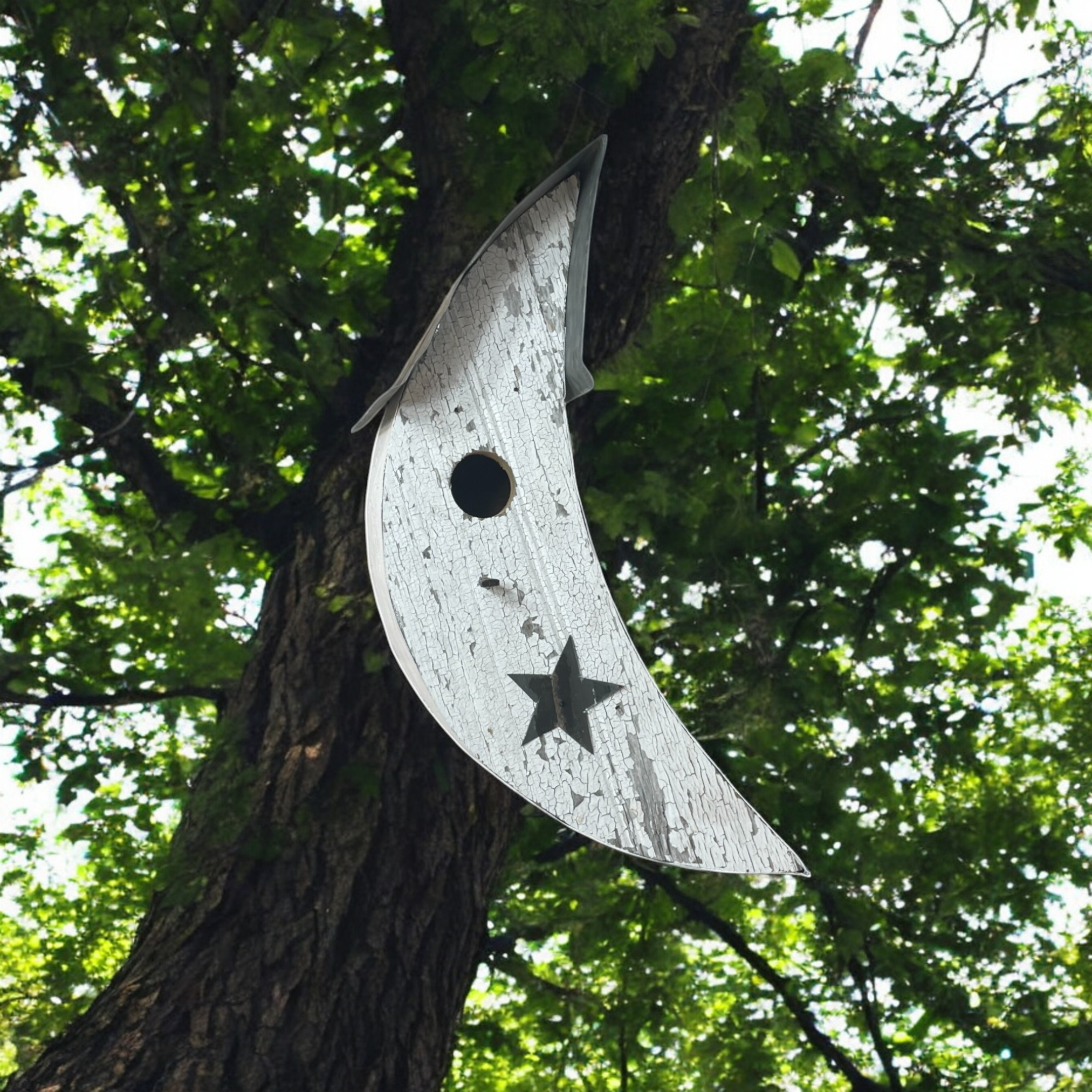 Rustic Crescent Moon Birdhouse | Handmade Reclaimed Barn Wood & Tin Birdhouse | Primitive Farmhouse Garden Décor