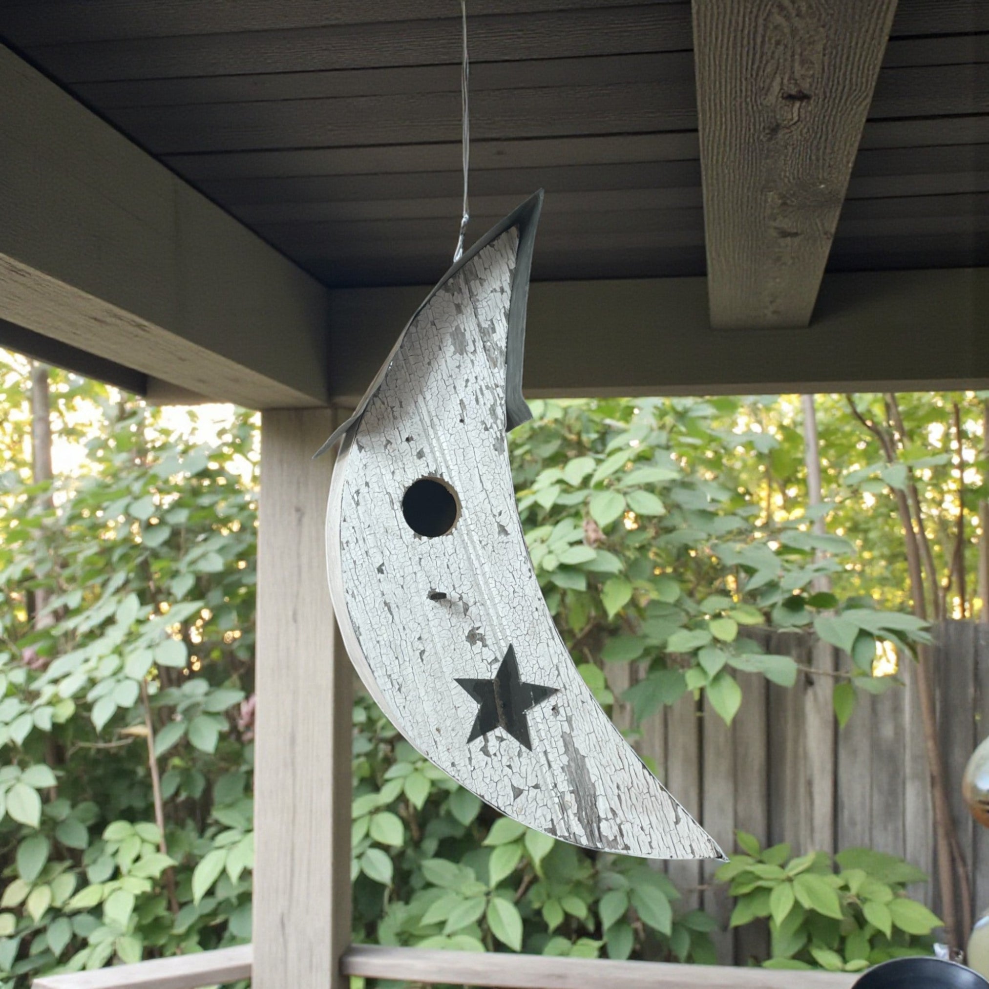 Rustic Crescent Moon Birdhouse | Handmade Reclaimed Barn Wood & Tin Birdhouse | Primitive Farmhouse Garden Décor