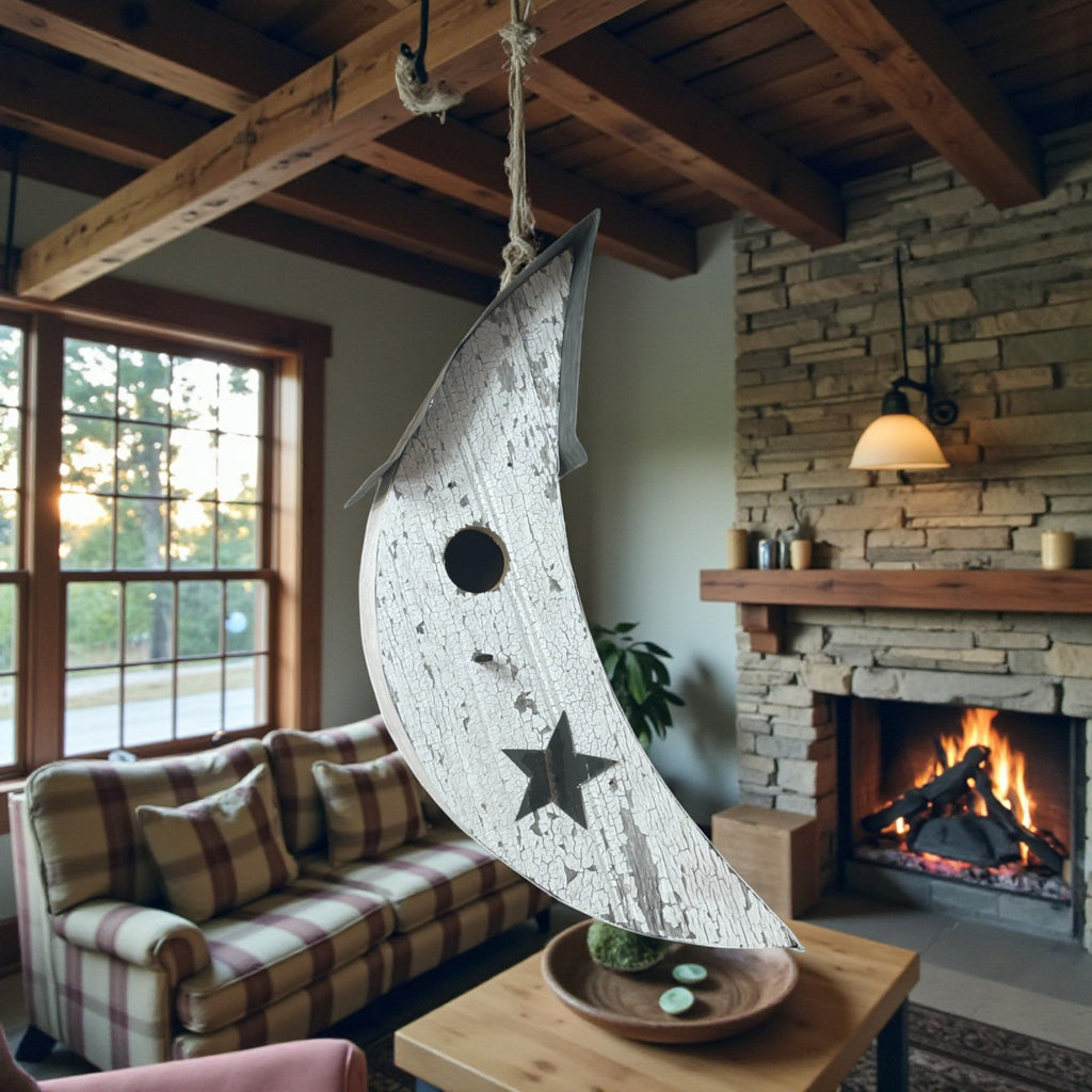 Rustic Crescent Moon Birdhouse | Handmade Reclaimed Barn Wood & Tin Birdhouse | Primitive Farmhouse Garden Décor