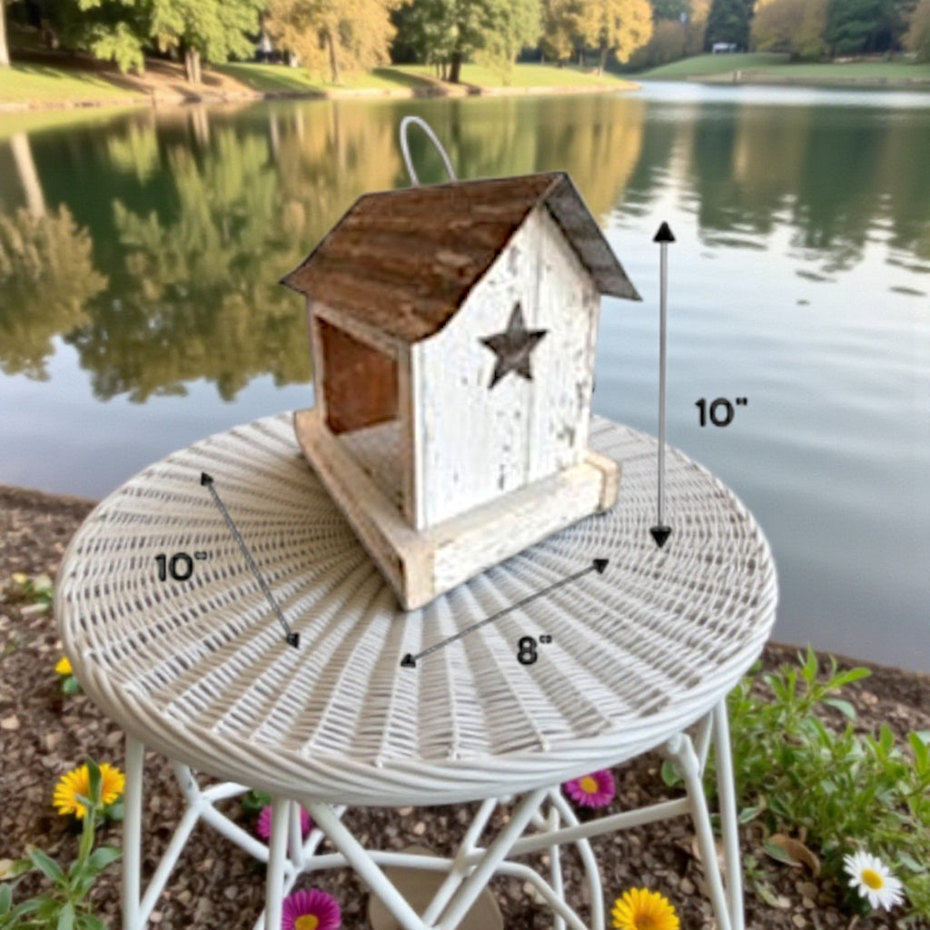 Rustic wooden birdfeeder with a tin roof and star on both ends. Tray for easy feeding. Measurements shown: 10" L x 8" W x 10" H