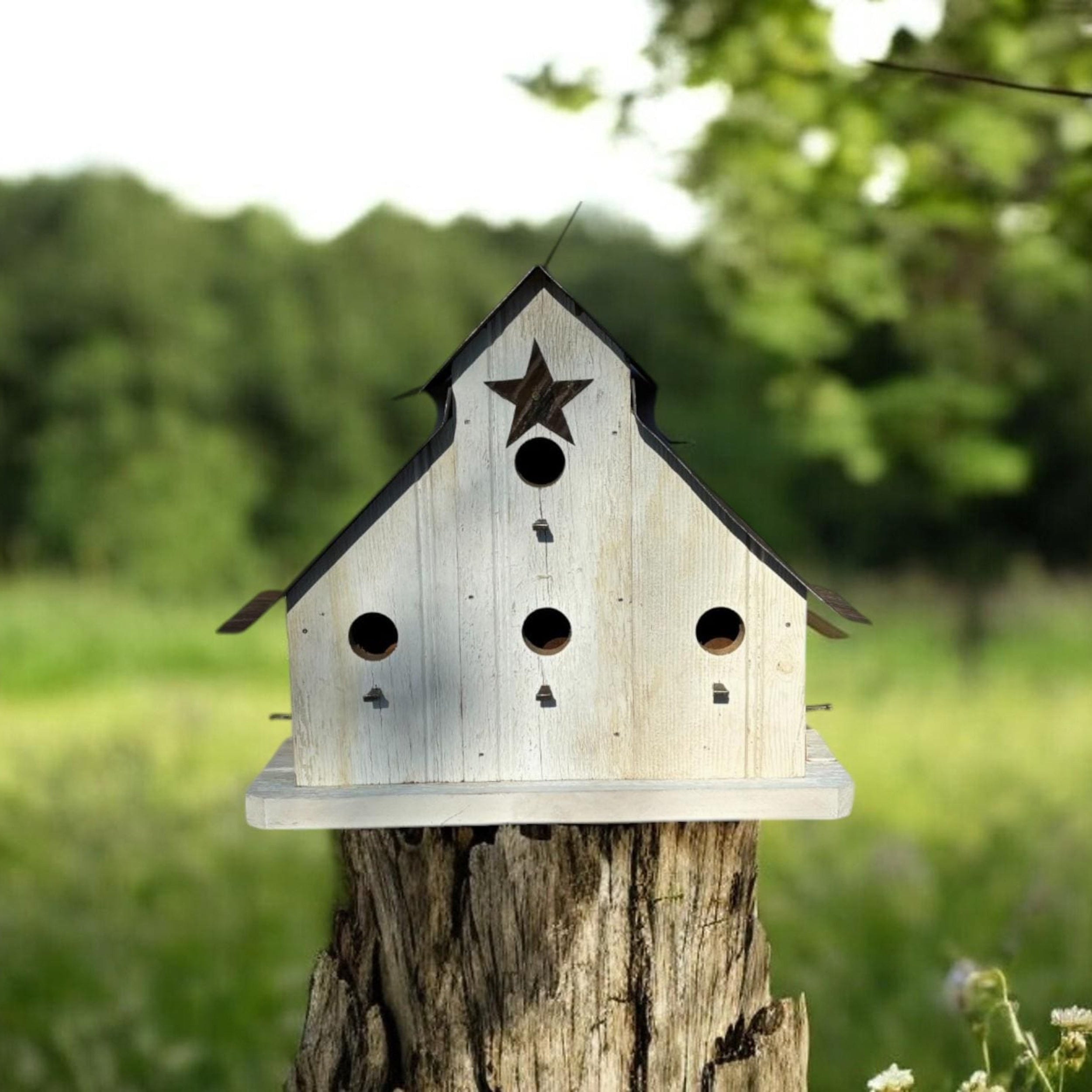 Wooden farmhouse birdhouse with 4 rooms with a star on a tree stump in a natural setting