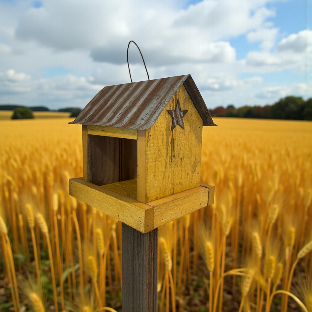 Rustic yellow wooden birdfeeder with a tin roof and star on both ends. Tray for easy feeding.