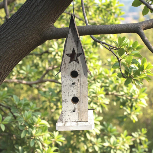 Wooden birdhouse with a star design hanging from a tree branch with a green foliage background.
