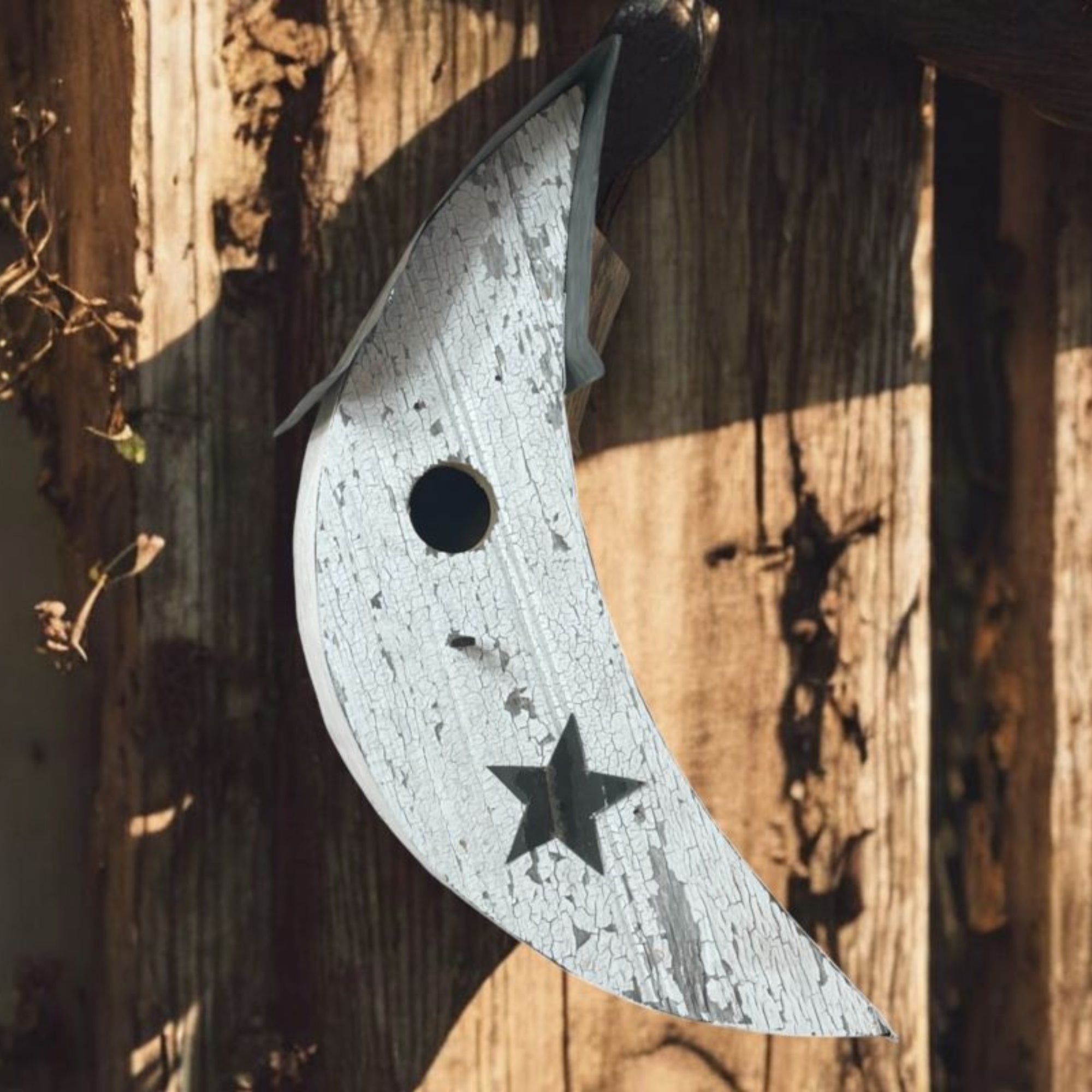 Rustic Crescent Moon Birdhouse | Handmade Reclaimed Barn Wood & Tin Birdhouse | Primitive Farmhouse Garden Décor